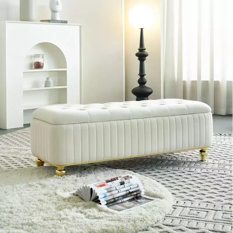 Banc de rangement ottoman moderne de luxe avec dessus rabattable, bouton profond, décor doré et pieds en métal, rembourré pour salon, chambre à coucher