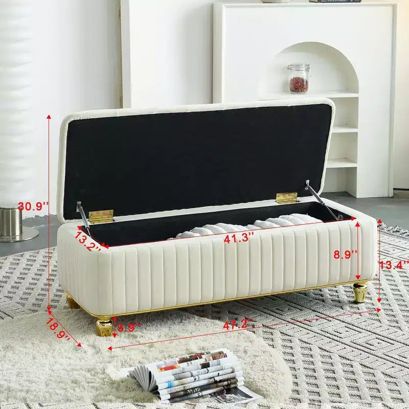 Banc de rangement ottoman moderne de luxe avec dessus rabattable, bouton profond, décor doré et pieds en métal, rembourré pour salon, chambre à coucher