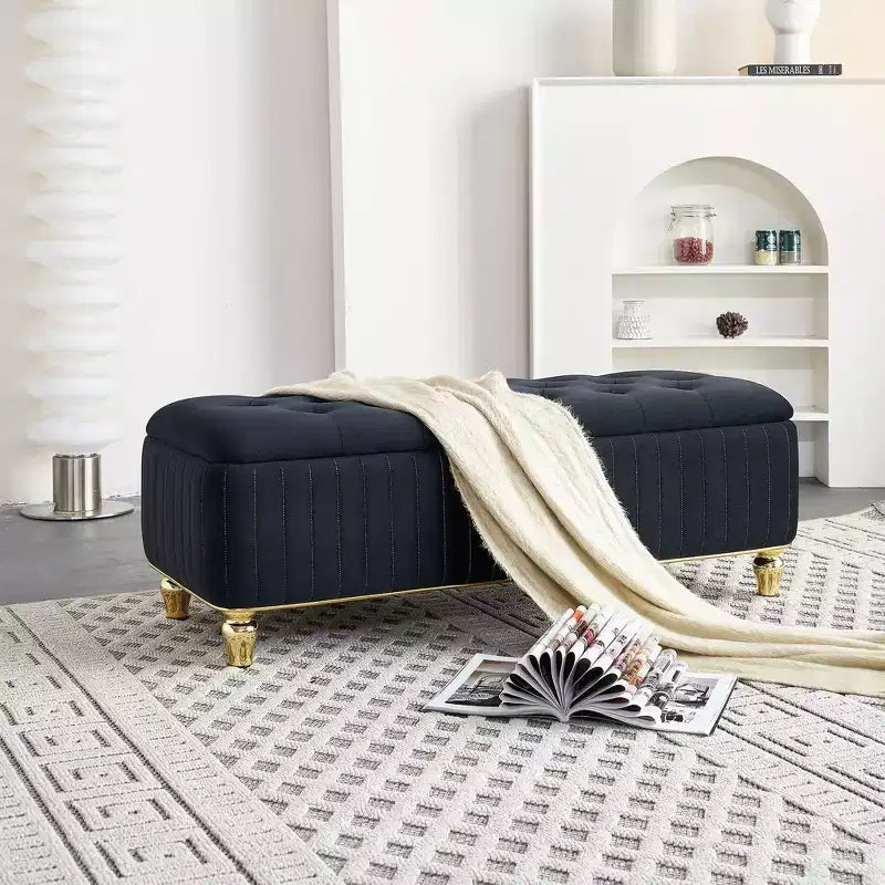 Banc de rangement ottoman moderne de luxe avec dessus rabattable, bouton profond, décor doré et pieds en métal, rembourré pour salon, chambre à coucher