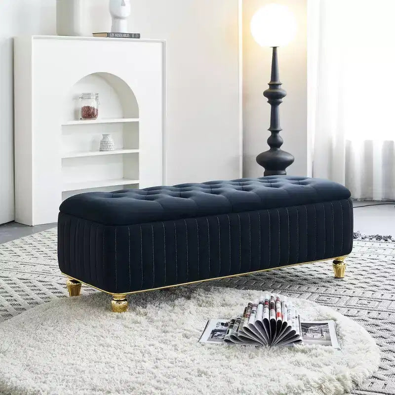Banc de rangement ottoman moderne de luxe avec dessus rabattable, bouton profond, décor doré et pieds en métal, rembourré pour salon, chambre à coucher