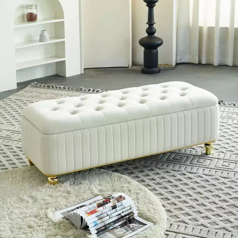 Okak Modern Luxury Flip Top Deep Button Ottoman Bench with Gold Decor &amp; Metal Legs,Upholstered Storage Bench for Living Room,Bedroom