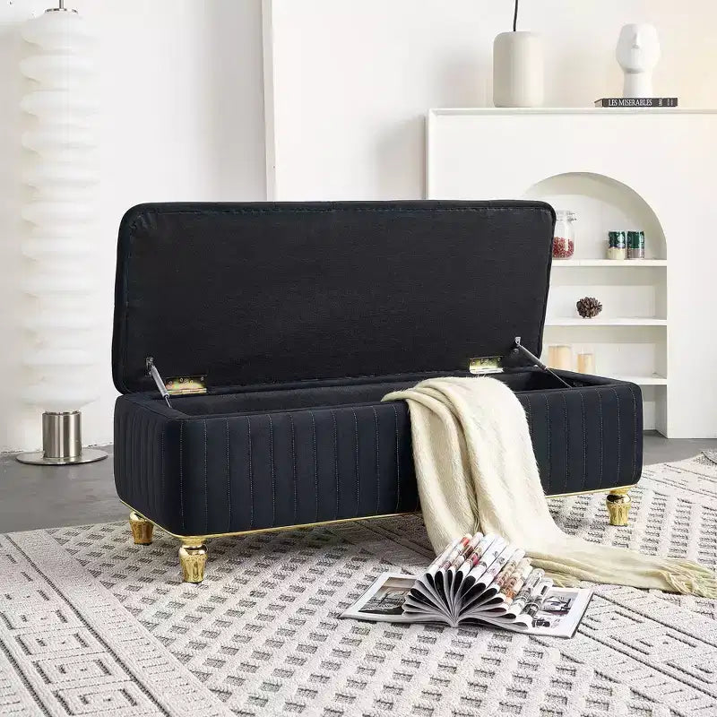 Banc de rangement ottoman moderne de luxe avec dessus rabattable, bouton profond, décor doré et pieds en métal, rembourré pour salon, chambre à coucher