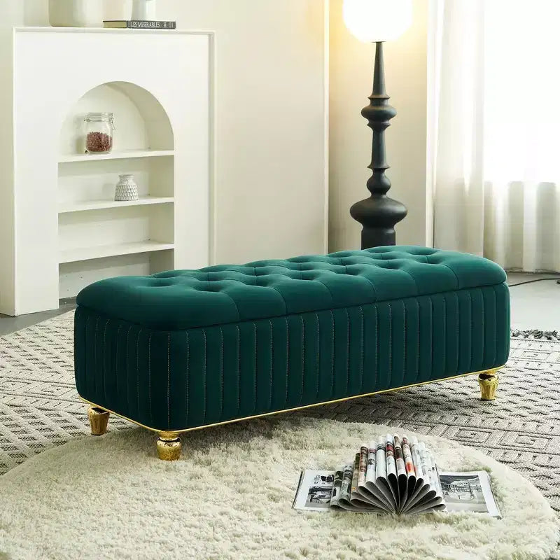 Banc de rangement ottoman moderne de luxe avec dessus rabattable, bouton profond, décor doré et pieds en métal, rembourré pour salon, chambre à coucher