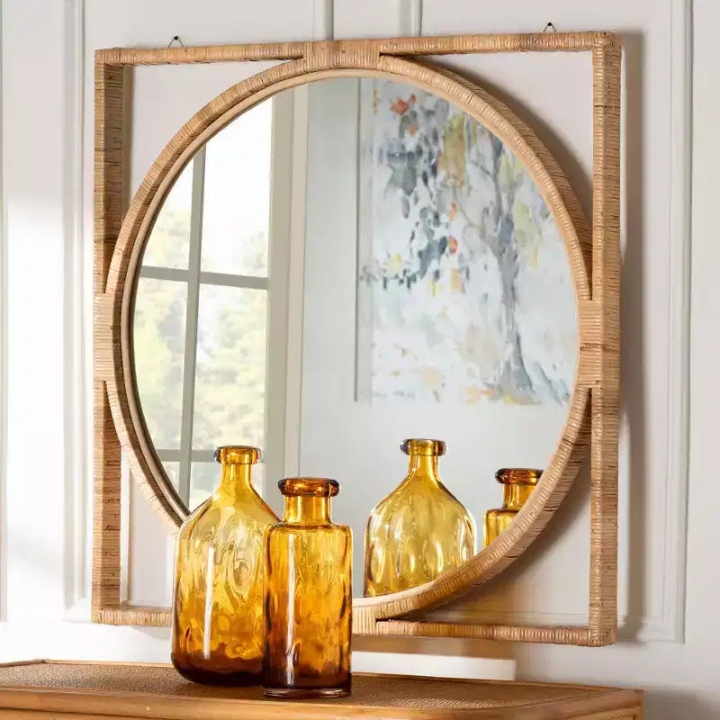 bali &amp; pari Bayan Japandi Natural Rattan Wall Mirror
