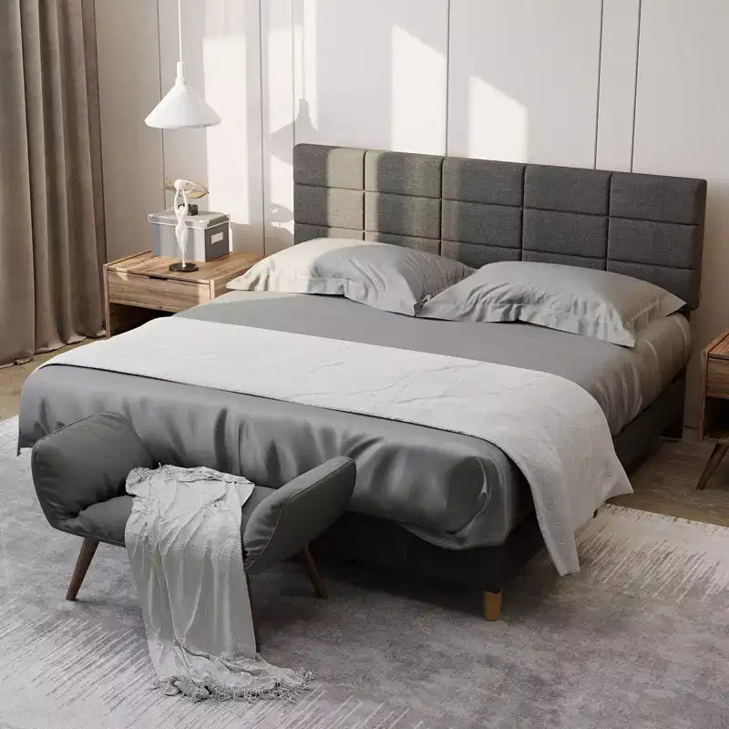 Modern Platform Bed Frame, Linen Upholstered Bed Frame with Adjustable Height Headboard and Strong Wooden Slats, No Box Spring Needed