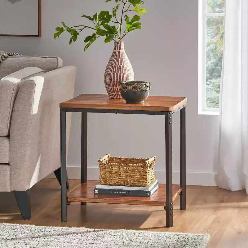 GDFStudio Ronan Rustic Wood and Metal End Table with Storage Shelf