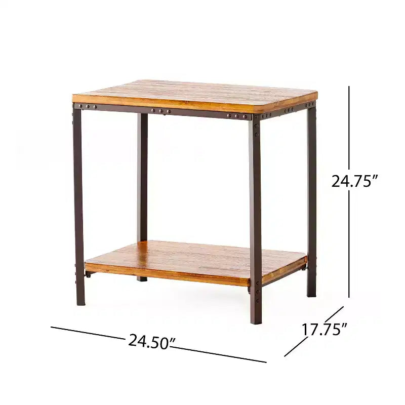 Table d'appoint rustique en bois et métal avec étagère de rangement