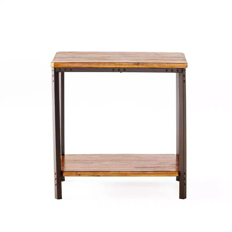 Table d'appoint rustique en bois et métal avec étagère de rangement