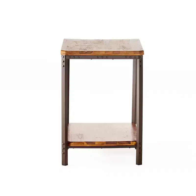 Table d'appoint rustique en bois et métal avec étagère de rangement