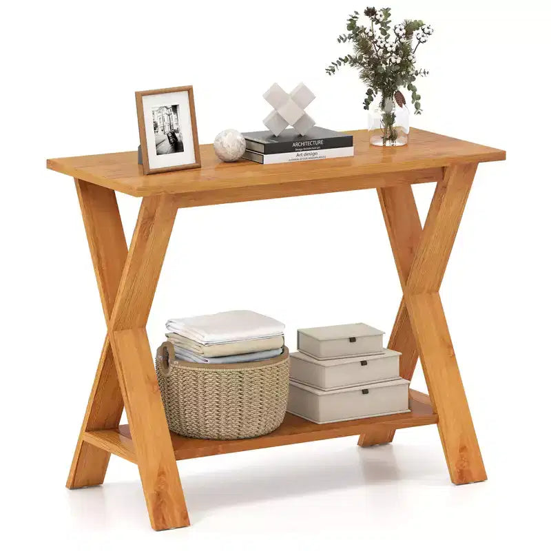 Costway 35.5-Inch Long Entryway Table with Storage Shelf Solid Teak Wood Console Table
