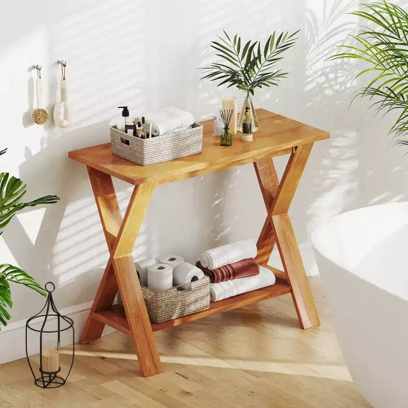 Table console de 35,5 pouces de long avec étagère de rangement en bois de teck massif pour entrée