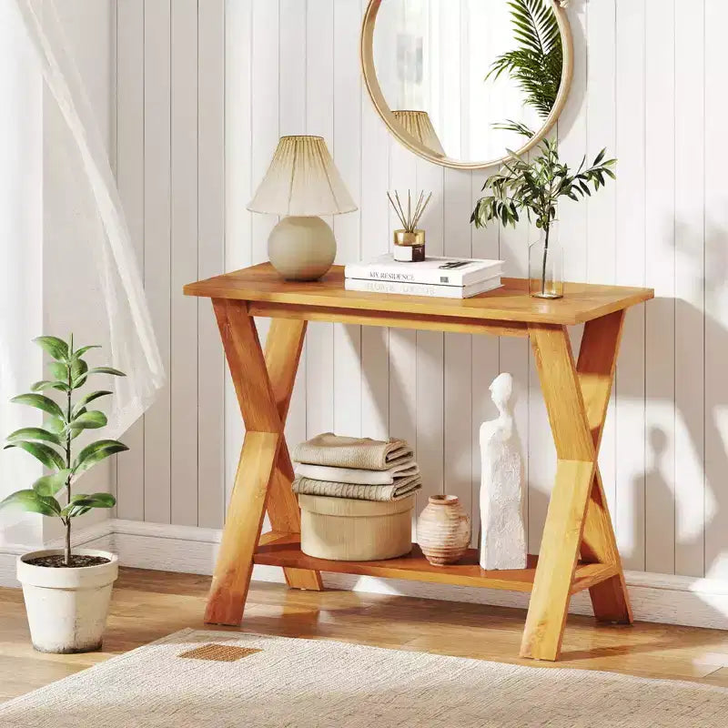 Table console de 35,5 pouces de long avec étagère de rangement en bois de teck massif pour entrée