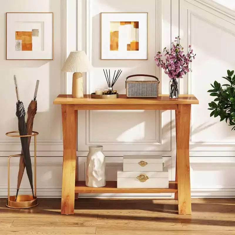 Table console de 35,5 pouces de long avec étagère de rangement en bois de teck massif pour entrée