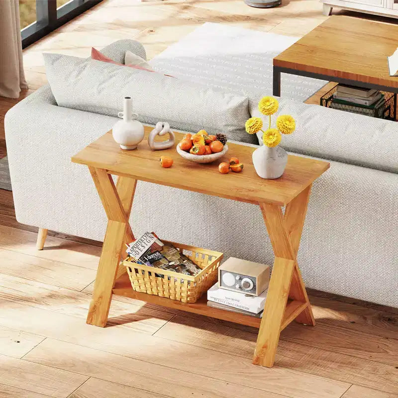 Table console de 35,5 pouces de long avec étagère de rangement en bois de teck massif pour entrée