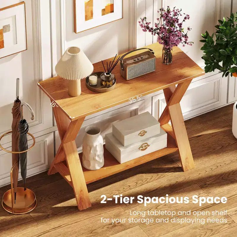 Table console de 35,5 pouces de long avec étagère de rangement en bois de teck massif pour entrée