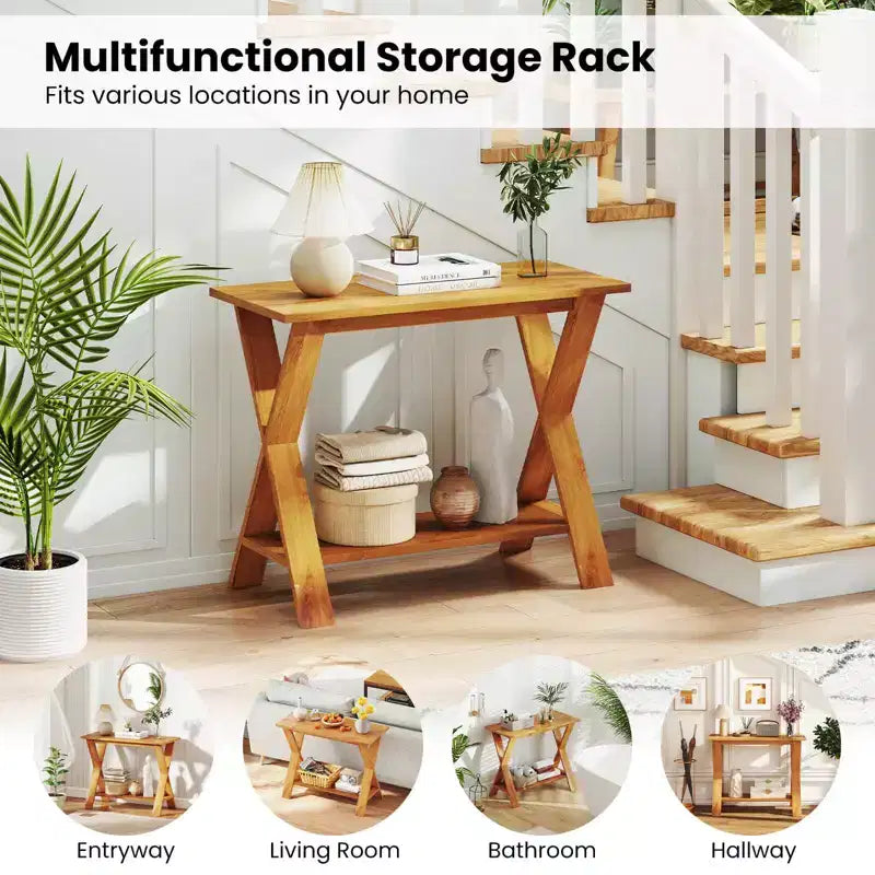 Table console de 35,5 pouces de long avec étagère de rangement en bois de teck massif pour entrée