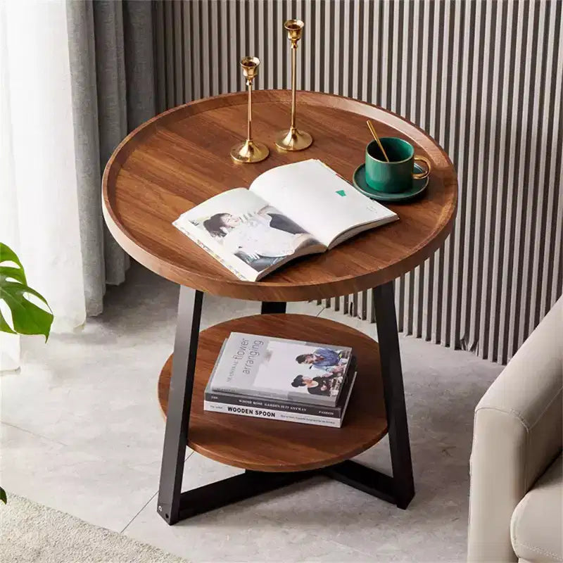 Table d'appoint ronde, plateau en bois de 50 cm et cadre en métal noir, table d'appoint à 2 niveaux pour salon, chambre à coucher