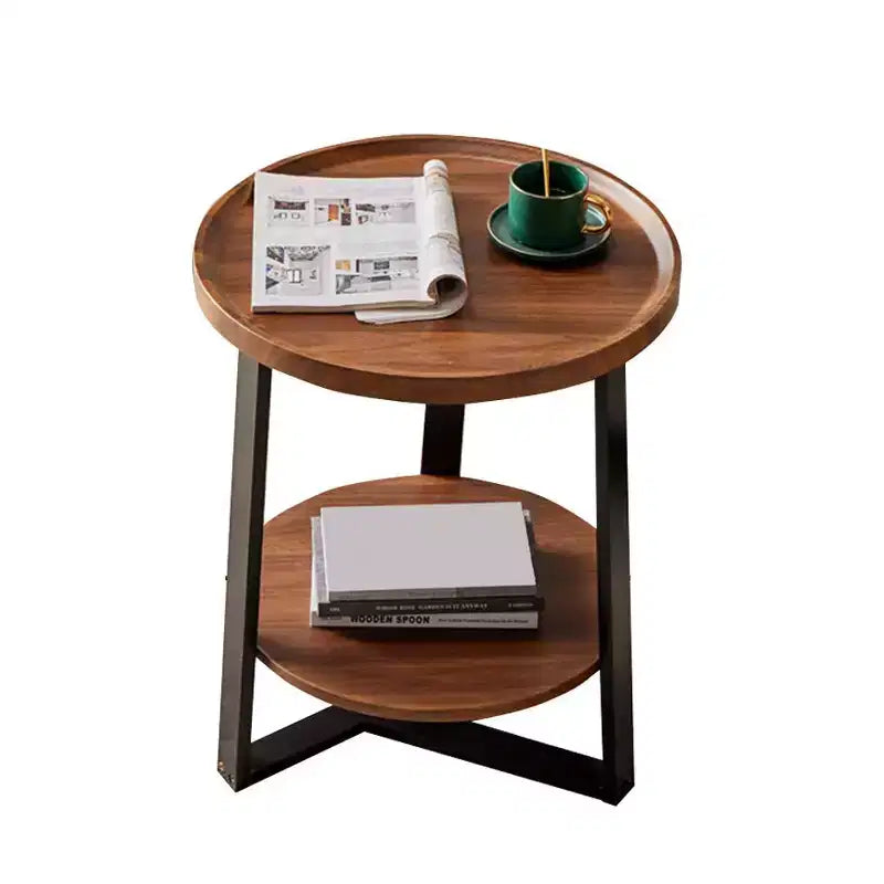 Table d'appoint ronde, plateau en bois de 50 cm et cadre en métal noir, table d'appoint à 2 niveaux pour salon, chambre à coucher