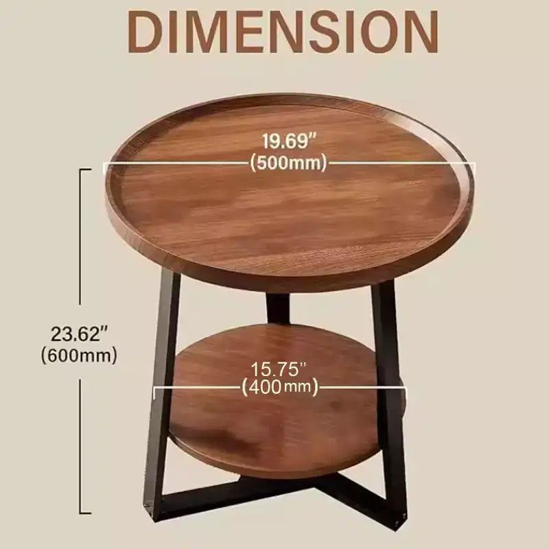 Table d'appoint ronde, plateau en bois de 50 cm et cadre en métal noir, table d'appoint à 2 niveaux pour salon, chambre à coucher