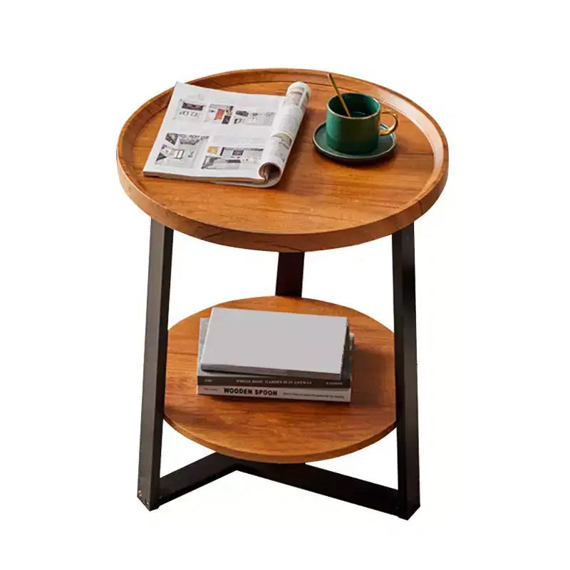 Table d'appoint ronde, plateau en bois de 50 cm et cadre en métal noir, table d'appoint à 2 niveaux pour salon, chambre à coucher