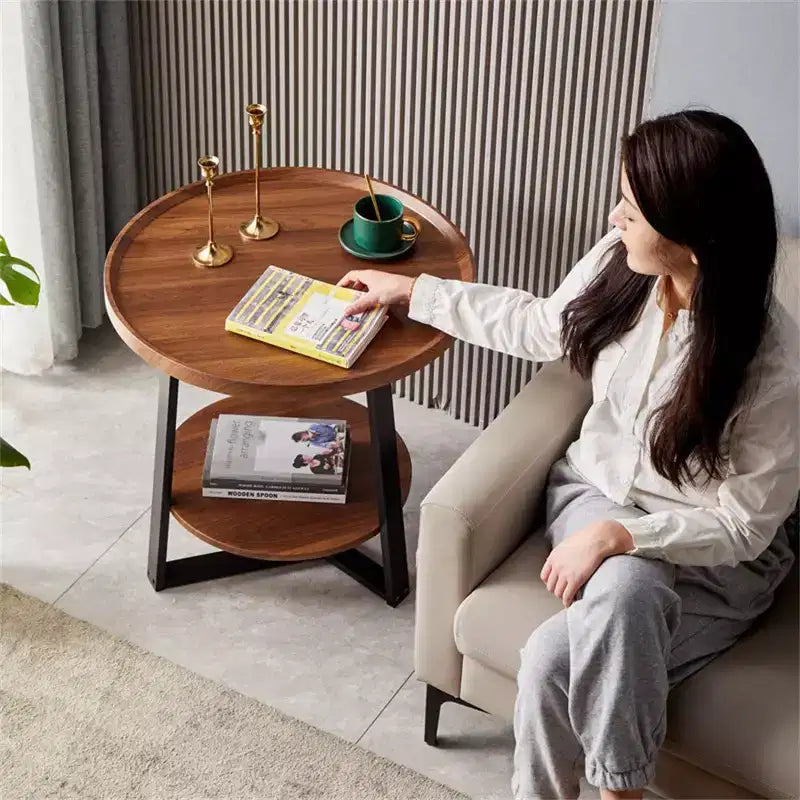 Round End Table, 19.69 IN Wood Tabletop &amp; Black Metal Frame, 2-Tier Side Table for Living Room, Bedroom