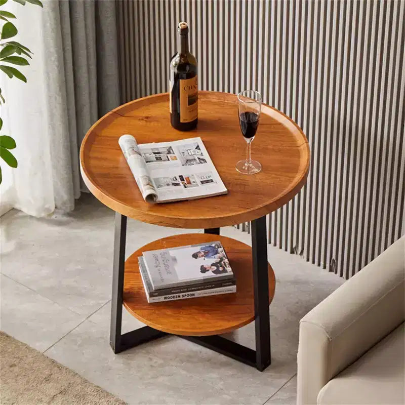 Table d'appoint ronde, plateau en bois de 50 cm et cadre en métal noir, table d'appoint à 2 niveaux pour salon, chambre à coucher