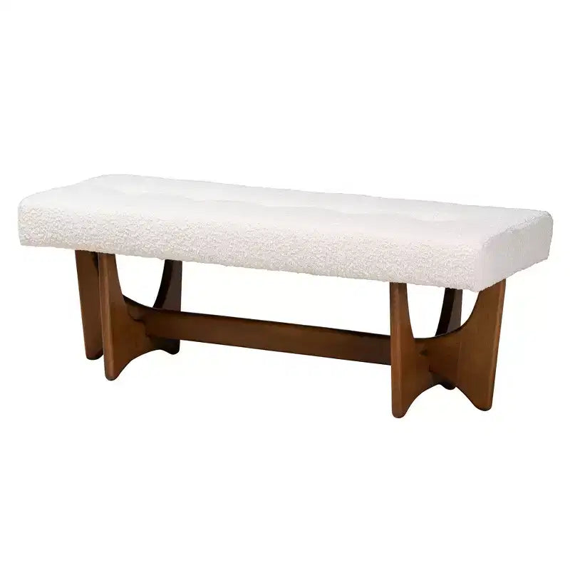 Banc rembourré en tissu beige grisâtre, finition noyer, style Mid-Century Modern