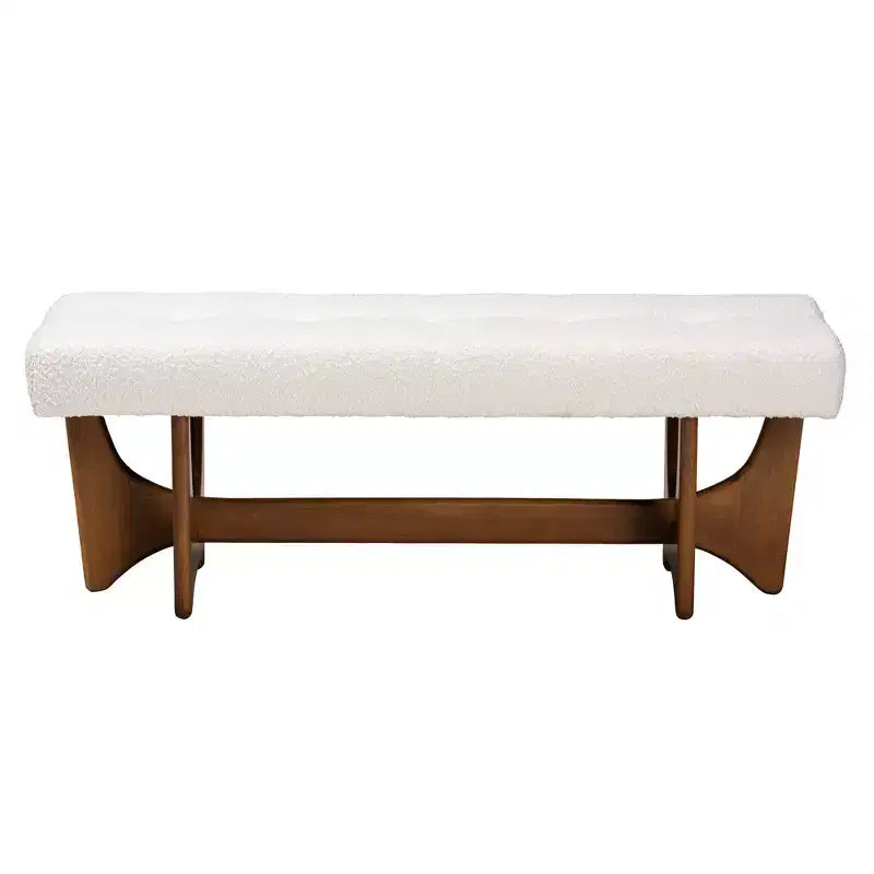 Banc rembourré en tissu beige grisâtre, finition noyer, style Mid-Century Modern