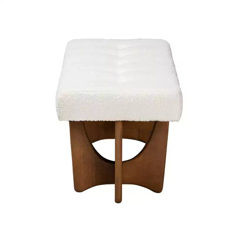 Banc rembourré en tissu beige grisâtre, finition noyer, style Mid-Century Modern