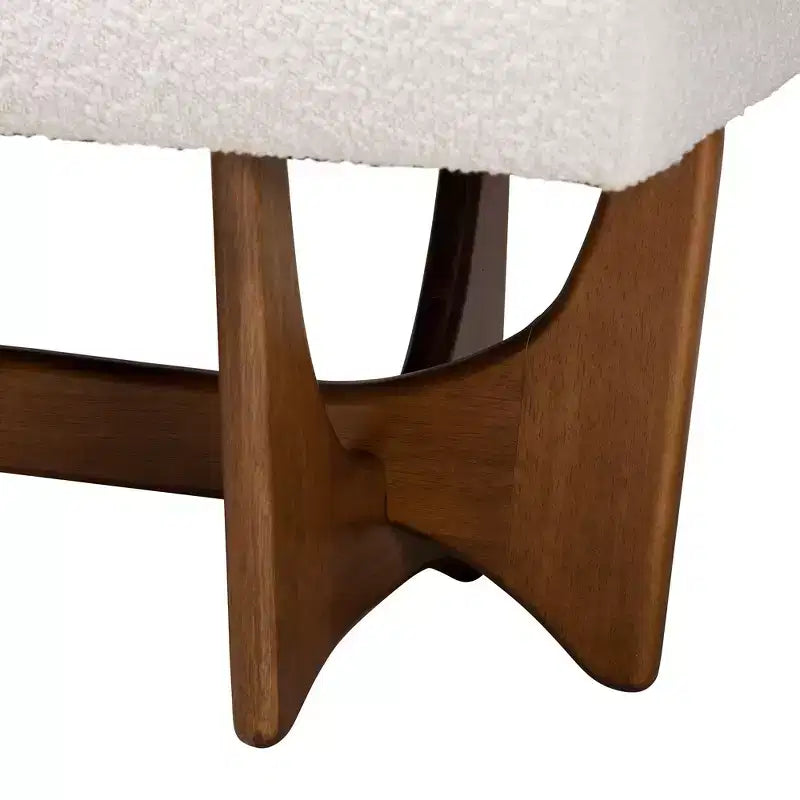Banc rembourré en tissu beige grisâtre, finition noyer, style Mid-Century Modern