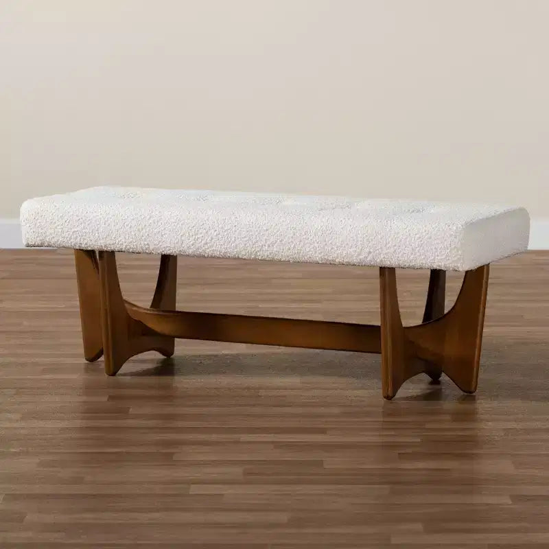 Banc rembourré en tissu beige grisâtre, finition noyer, style Mid-Century Modern