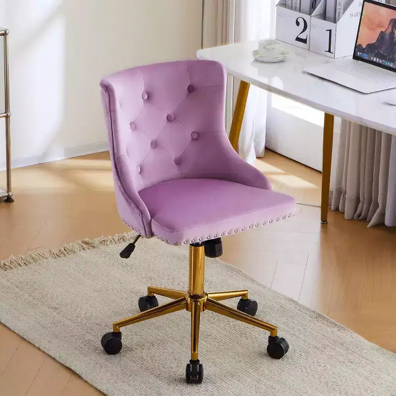VINGLI Armless Home Office Desk Chair with Gold Base/Wheels, Vanity/Makeup Chair with Back for Bedroom, Rolling Swivel Nail Chair