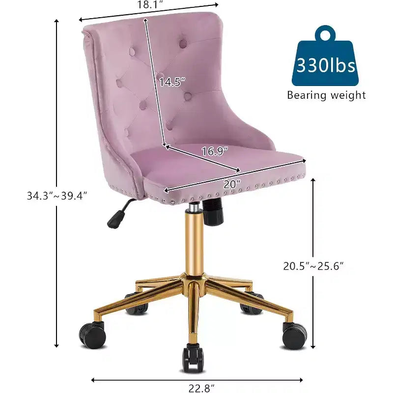 Chaise de bureau sans accoudoirs avec base/roulettes dorées, chaise de coiffeuse/maquillage avec dossier pour chambre, chaise de manucure pivotante à roulettes