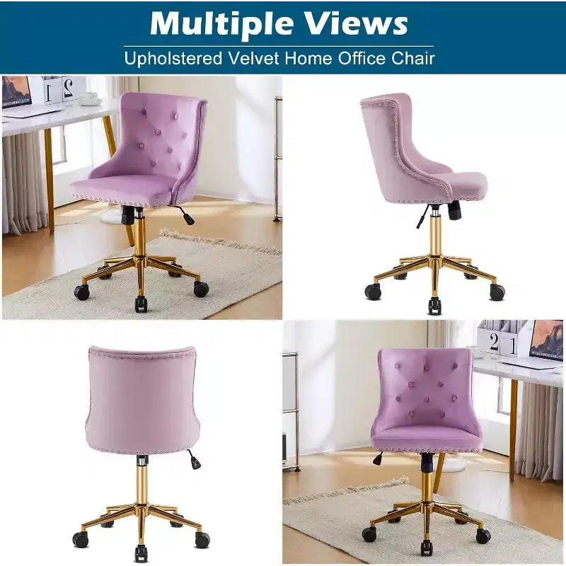 Chaise de bureau sans accoudoirs avec base/roulettes dorées, chaise de coiffeuse/maquillage avec dossier pour chambre, chaise de manucure pivotante à roulettes