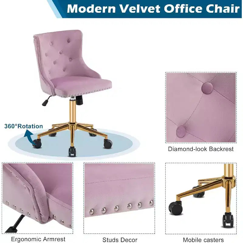 Chaise de bureau sans accoudoirs avec base/roulettes dorées, chaise de coiffeuse/maquillage avec dossier pour chambre, chaise de manucure pivotante à roulettes