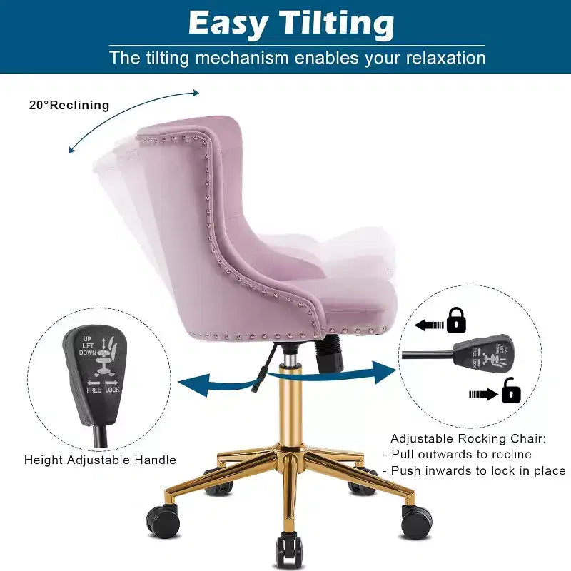 Chaise de bureau sans accoudoirs avec base/roulettes dorées, chaise de coiffeuse/maquillage avec dossier pour chambre, chaise de manucure pivotante à roulettes