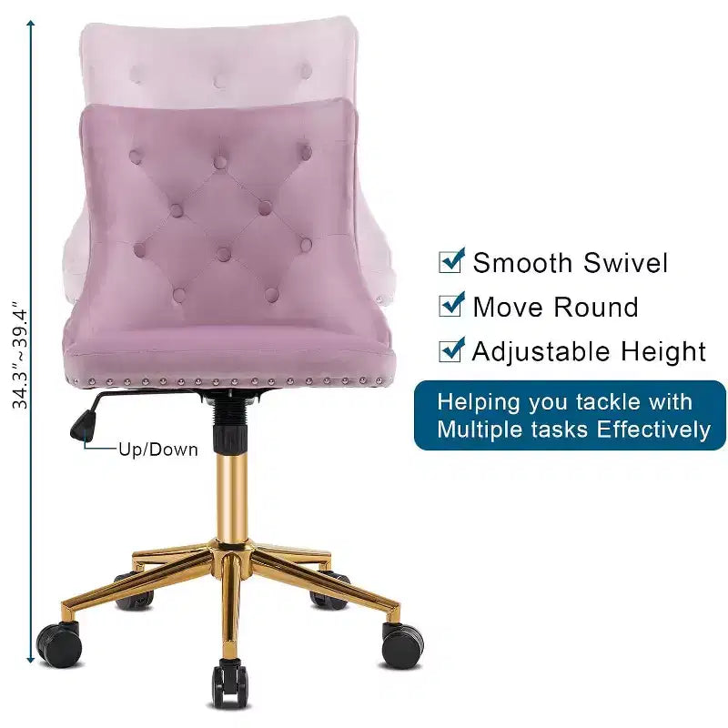 Chaise de bureau sans accoudoirs avec base/roulettes dorées, chaise de coiffeuse/maquillage avec dossier pour chambre, chaise de manucure pivotante à roulettes