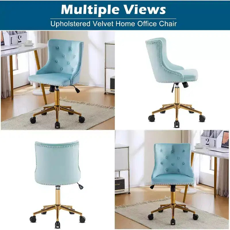 Chaise de bureau sans accoudoirs avec base/roulettes dorées, chaise de coiffeuse/maquillage avec dossier pour chambre, chaise de manucure pivotante à roulettes