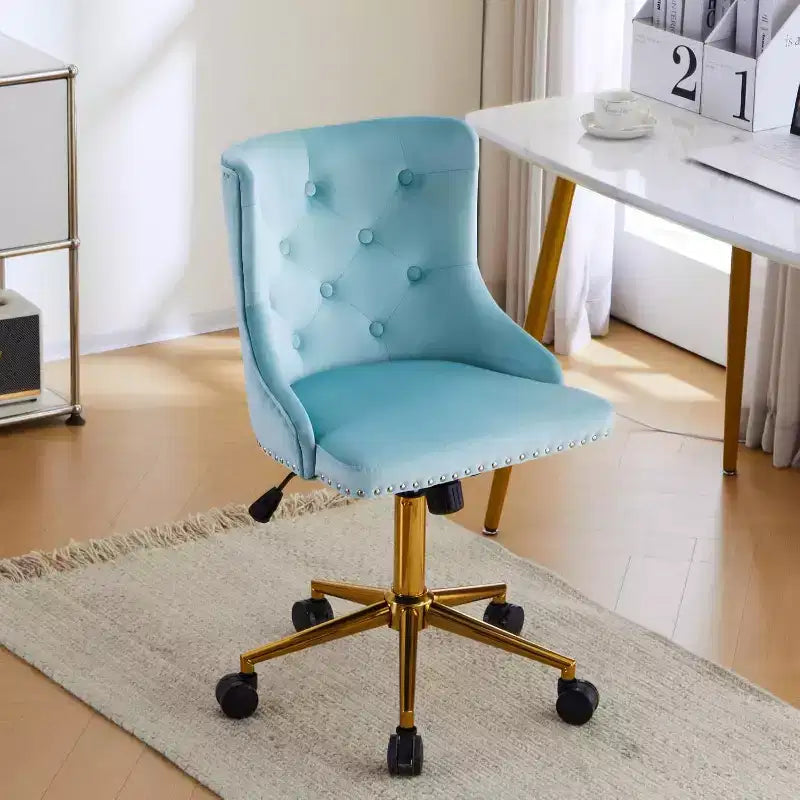 Chaise de bureau sans accoudoirs avec base/roulettes dorées, chaise de coiffeuse/maquillage avec dossier pour chambre, chaise de manucure pivotante à roulettes