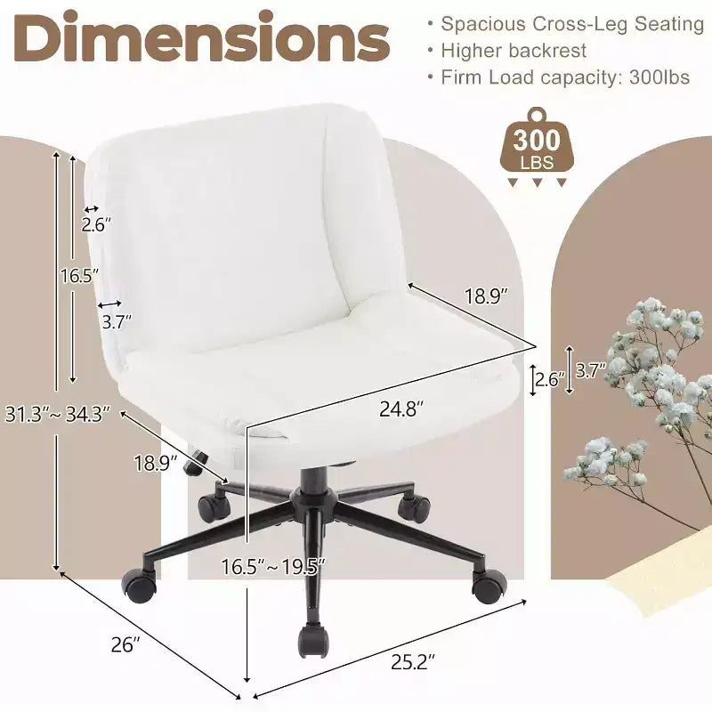 Chaise de bureau confortable sans accoudoirs Criss Cross, avec rembourrage épais et base double usage, Chaise de vanité moderne pivotante réglable, à roulettes, en PU ciré