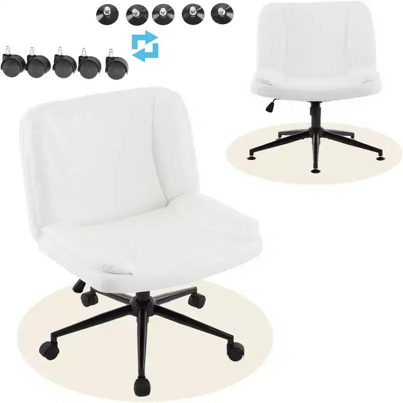 Chaise de bureau confortable sans accoudoirs Criss Cross, avec rembourrage épais et base double usage, Chaise de vanité moderne pivotante réglable, à roulettes, en PU ciré