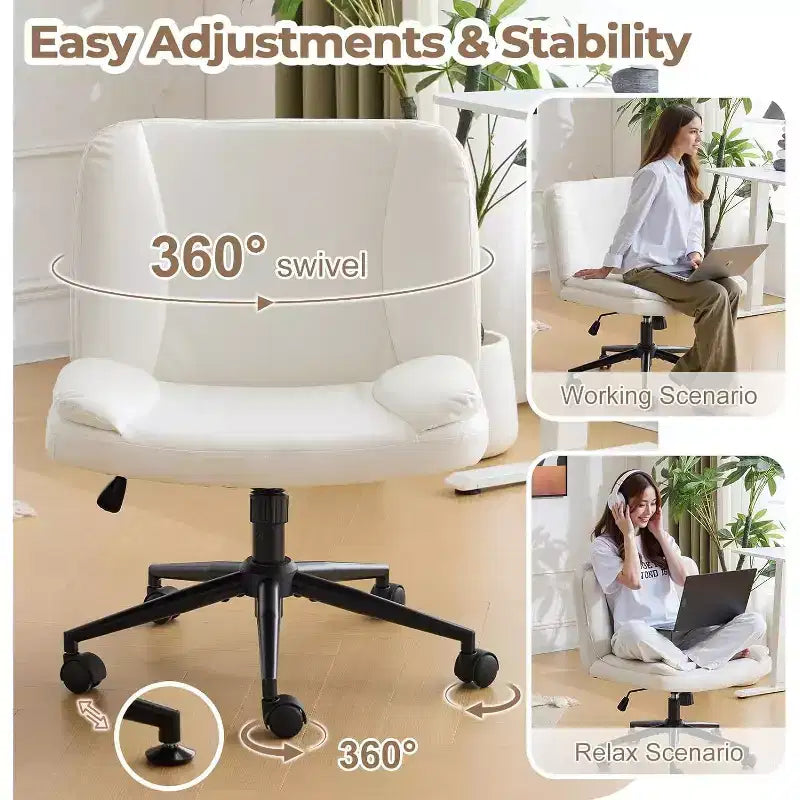 Chaise de bureau confortable sans accoudoirs Criss Cross, avec rembourrage épais et base double usage, Chaise de vanité moderne pivotante réglable, à roulettes, en PU ciré