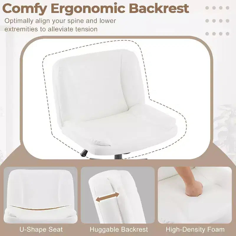 Chaise de bureau confortable sans accoudoirs Criss Cross, avec rembourrage épais et base double usage, Chaise de vanité moderne pivotante réglable, à roulettes, en PU ciré