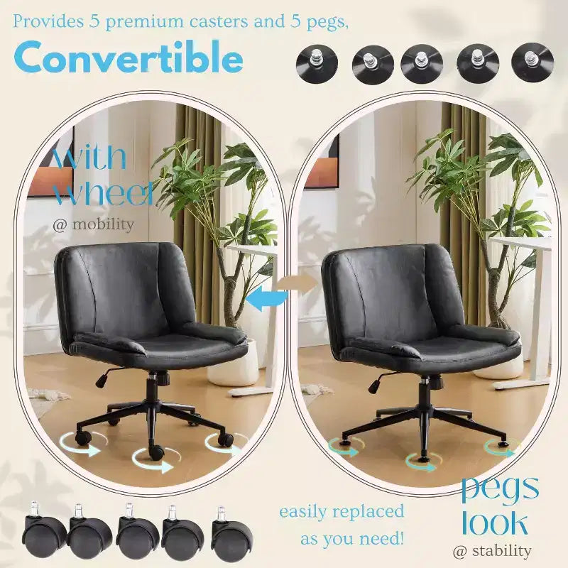 Chaise de bureau confortable sans accoudoirs Criss Cross, avec rembourrage épais et base double usage, Chaise de vanité moderne pivotante réglable, à roulettes, en PU ciré