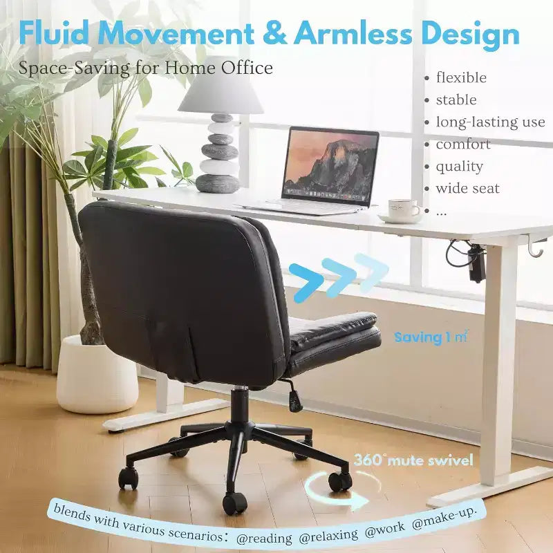 Chaise de bureau confortable sans accoudoirs Criss Cross, avec rembourrage épais et base double usage, Chaise de vanité moderne pivotante réglable, à roulettes, en PU ciré