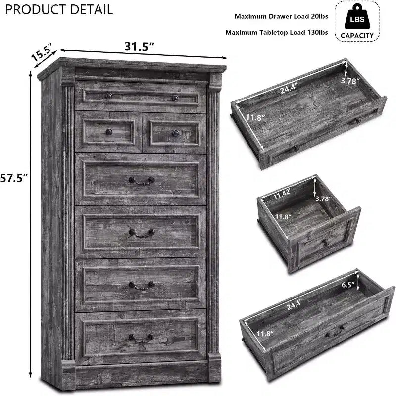 Commode de Ferme avec 7 Tiroirs, Armoire de Rangement Rustique en Bois avec Colonne pour Chambre à Coucher