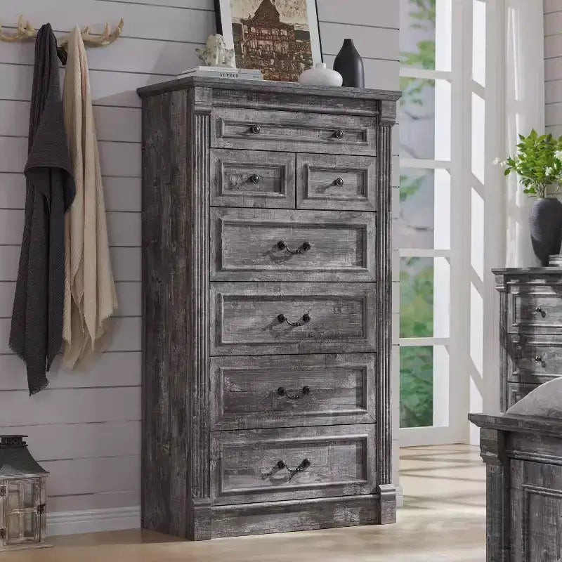 Commode de Ferme avec 7 Tiroirs, Armoire de Rangement Rustique en Bois avec Colonne pour Chambre à Coucher