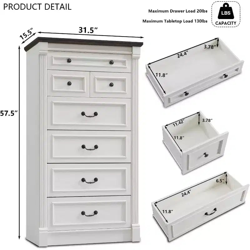 Commode de Ferme avec 7 Tiroirs, Armoire de Rangement Rustique en Bois avec Colonne pour Chambre à Coucher