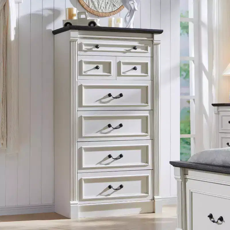 Commode de Ferme avec 7 Tiroirs, Armoire de Rangement Rustique en Bois avec Colonne pour Chambre à Coucher
