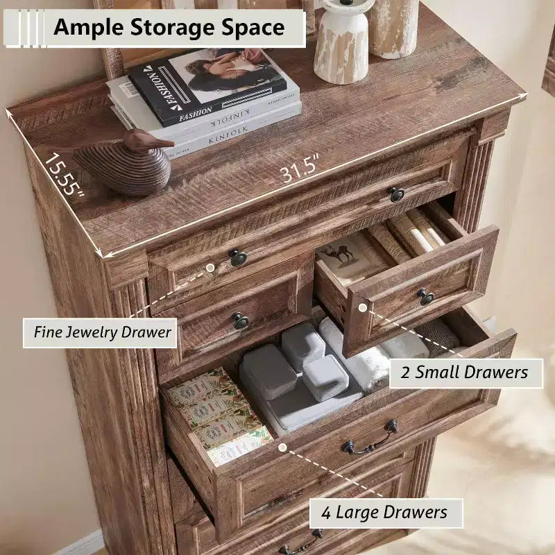 Commode de Ferme avec 7 Tiroirs, Armoire de Rangement Rustique en Bois avec Colonne pour Chambre à Coucher
